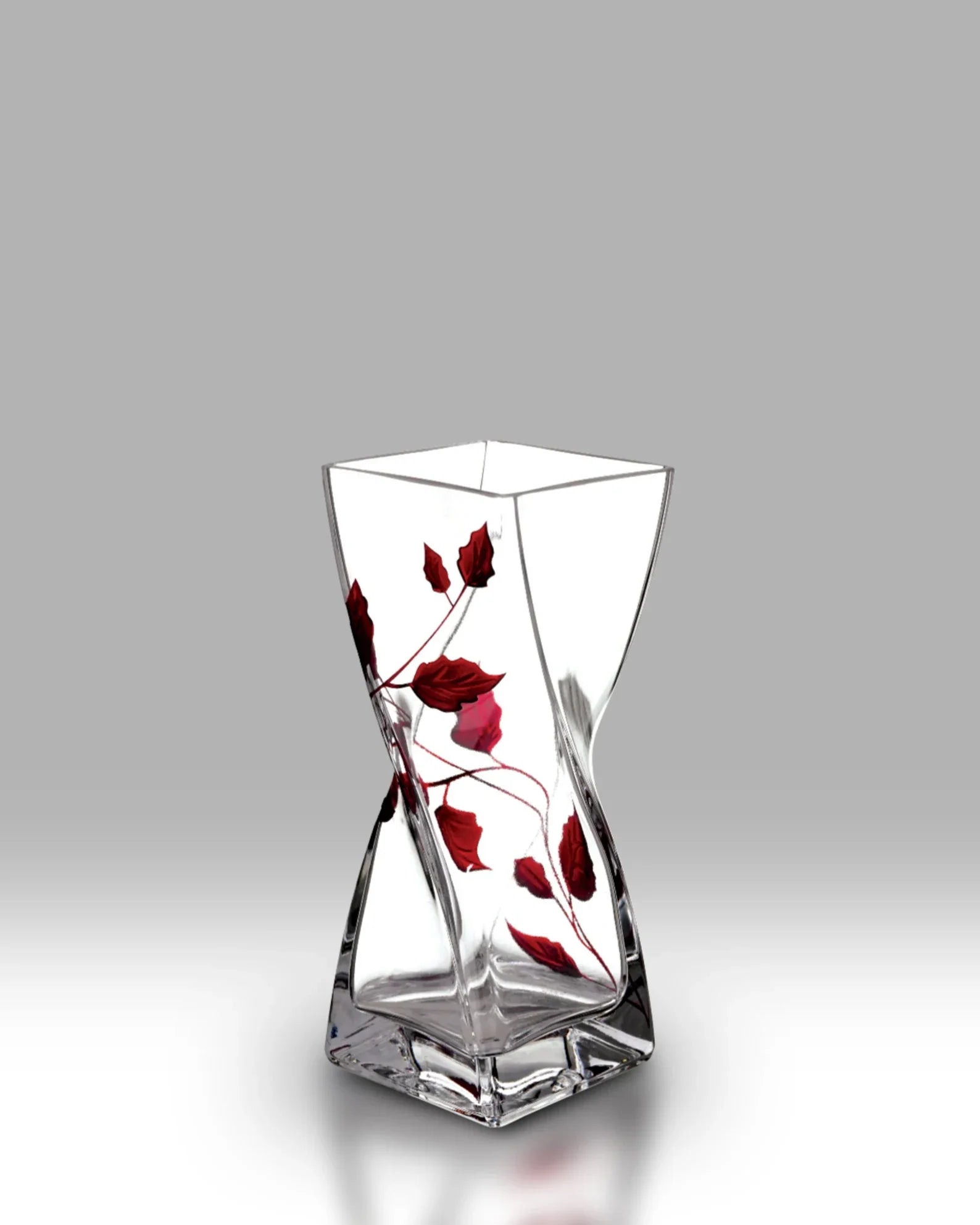 Ruby Leaf hand-blown glass twist vase, 20cm