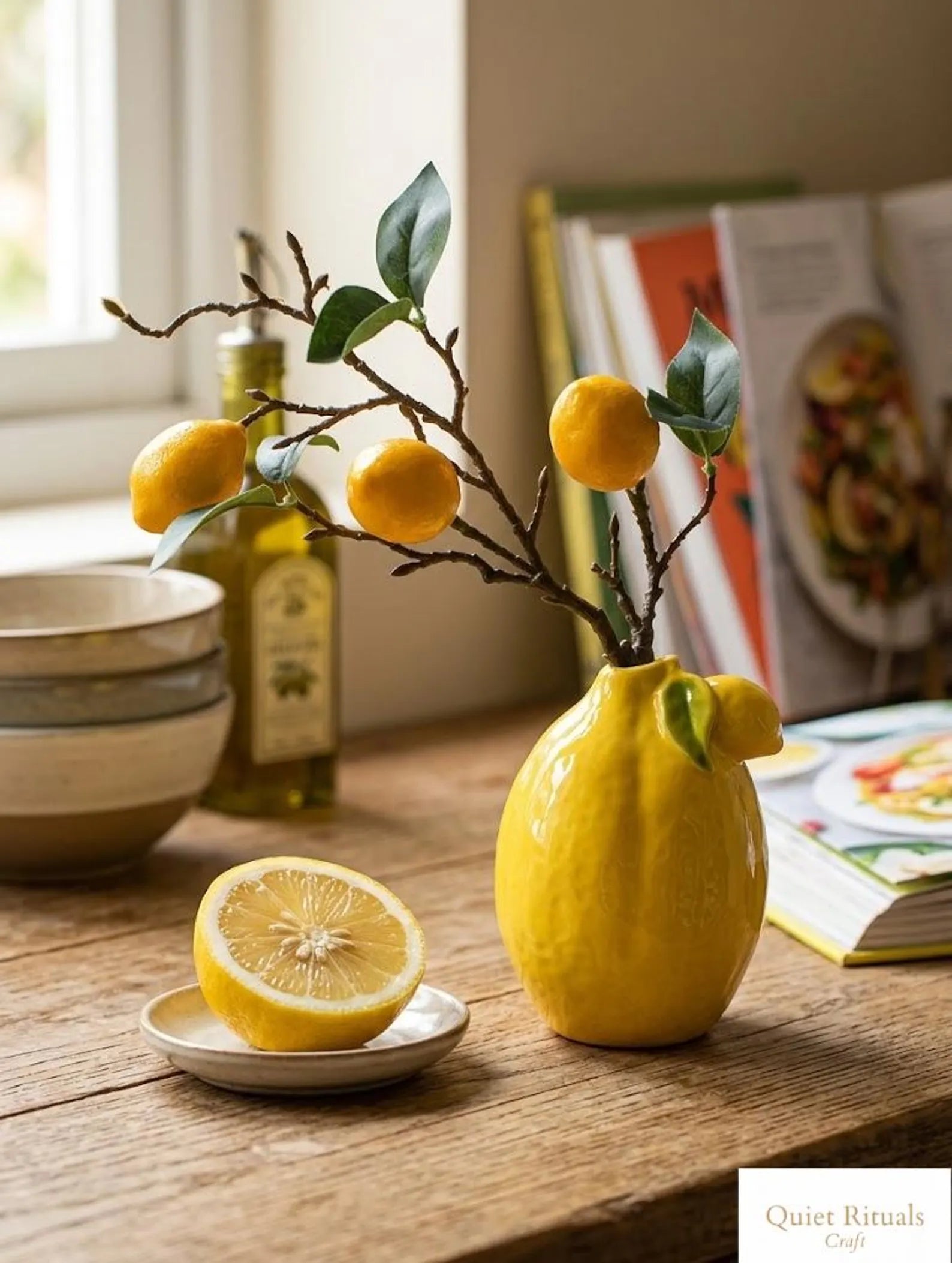 Ceramic Lemon Vase - Bright Yellow Fruit Shaped Flower Pot - Italian Riviera Style Home Decor - Modern Aesthetic Bud Vase Housewarming Gift