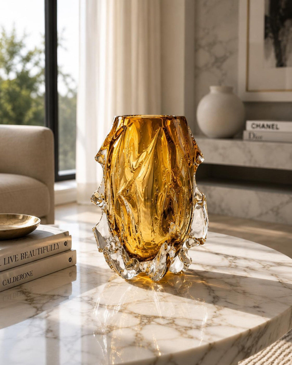 Luxury Crystal Glass Vase, Modern Art Glass Vase, Amber Gold Decorative Vase, Sculptural Centerpiece, Elegant Home Decor, Housewarming Gift